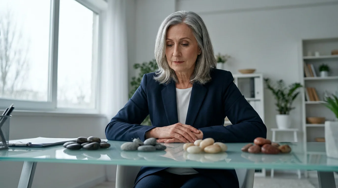 A senior woman at a modern desk reviews neat piles of stones symbolizing finances.