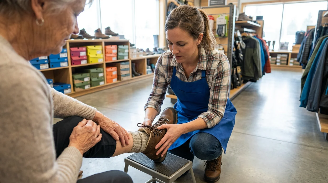 A senior woman being fitted for new hiking boots by an associate in a store.