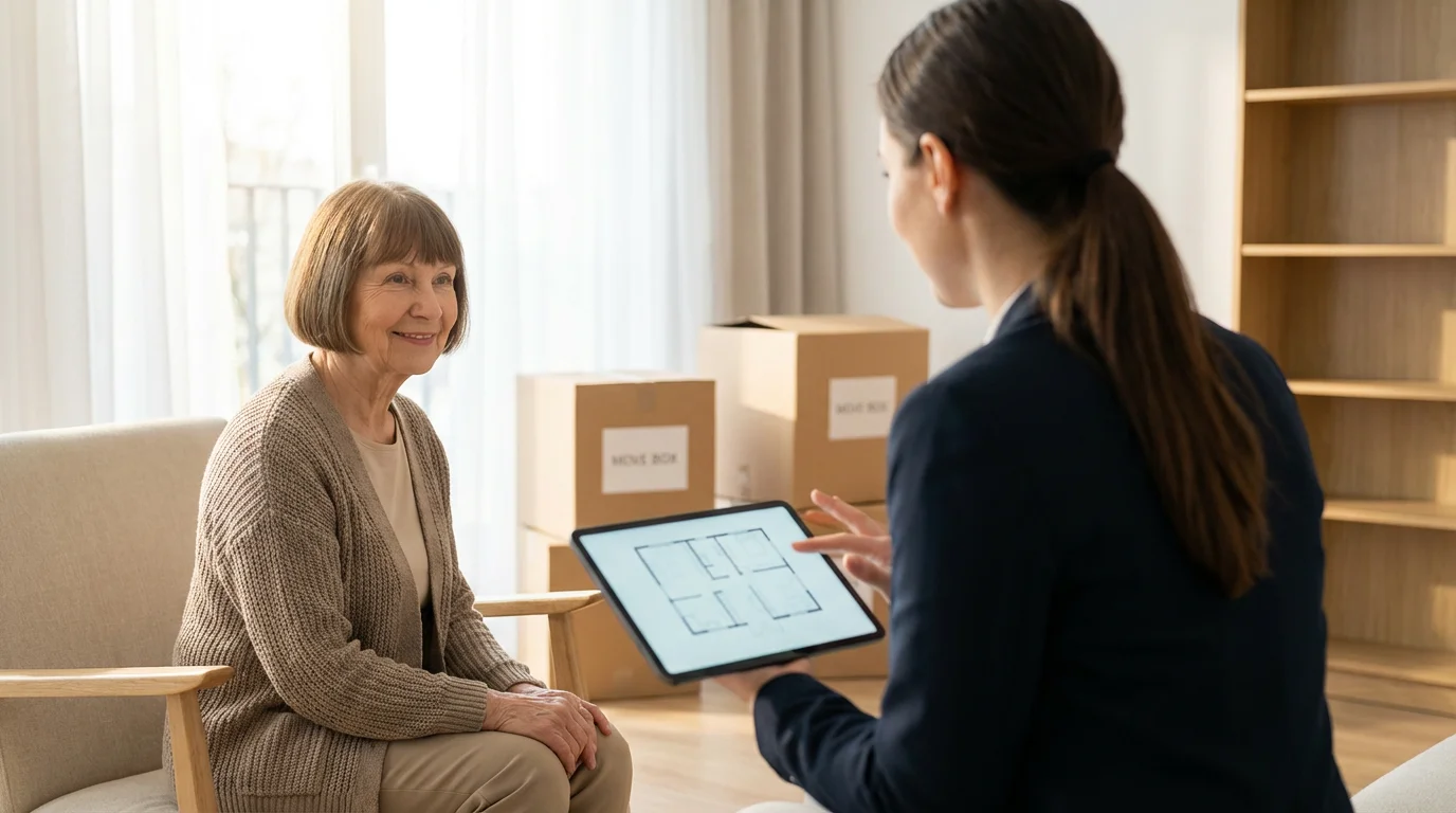 A senior woman calmly planning her home downsizing with a professional move manager.