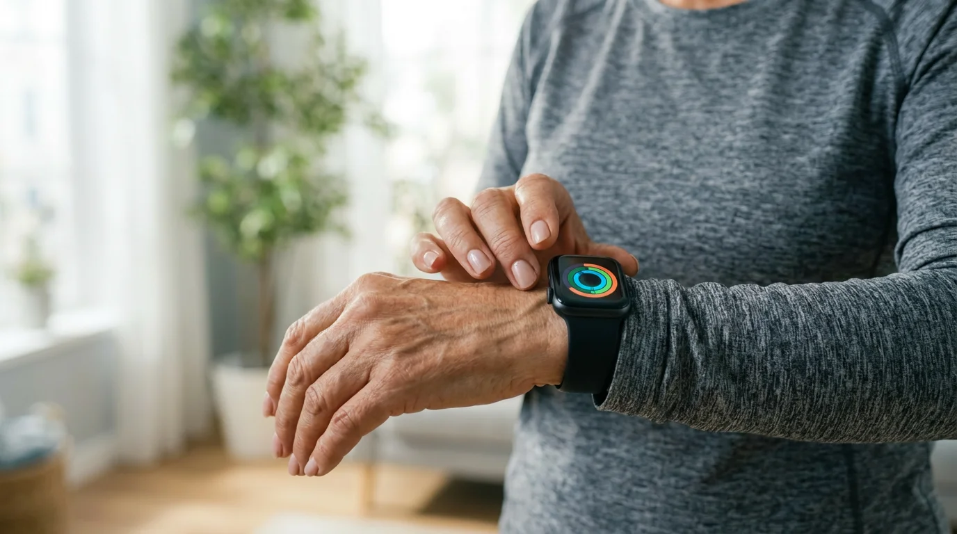 A senior woman checks vibrant, graphical health metrics on her modern smartwatch at home.