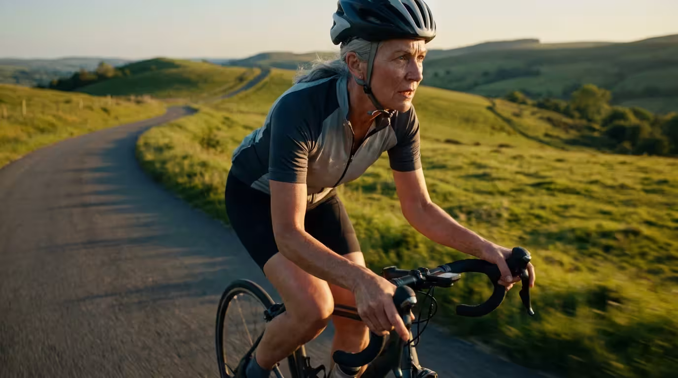 A senior woman cycling with determination on a scenic path during a golden afternoon.