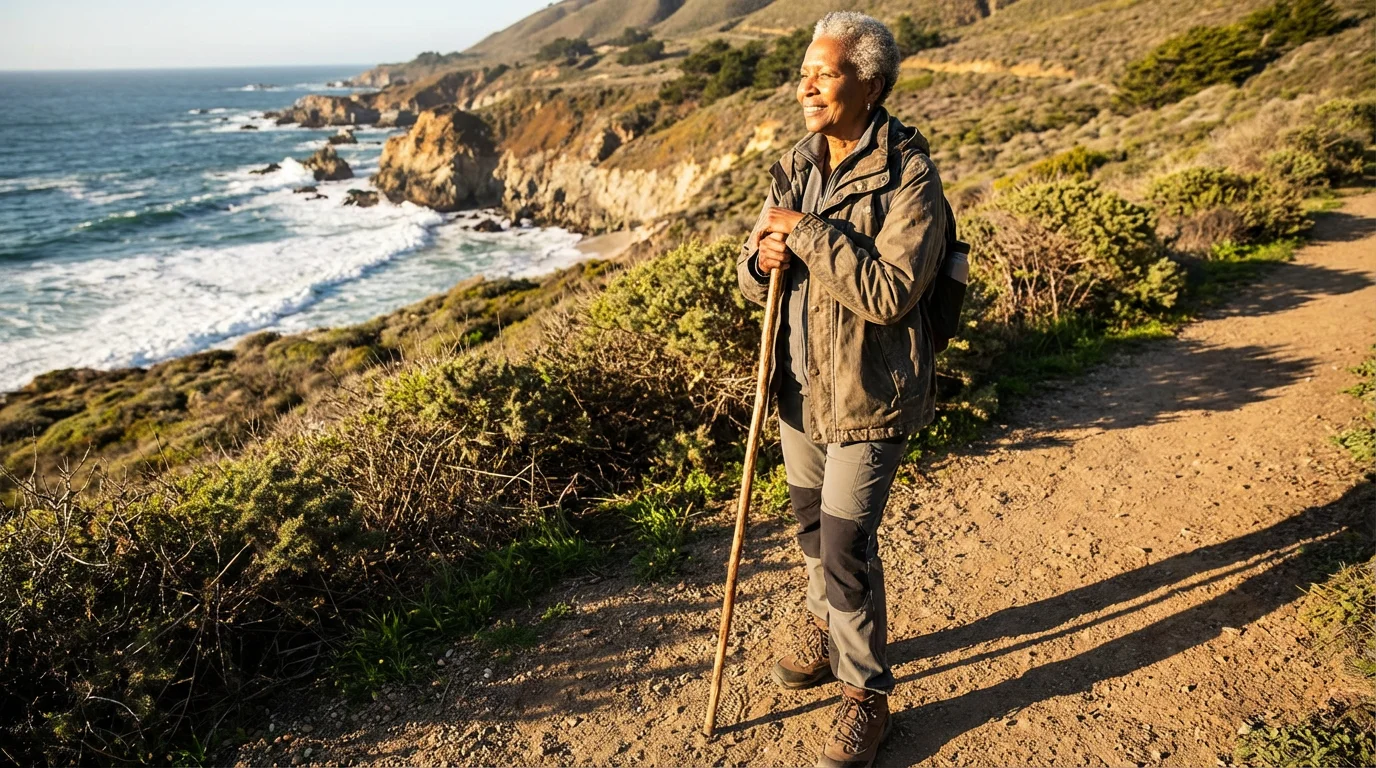 A senior woman enjoys a beautiful coastal hike during a golden hour sunset.