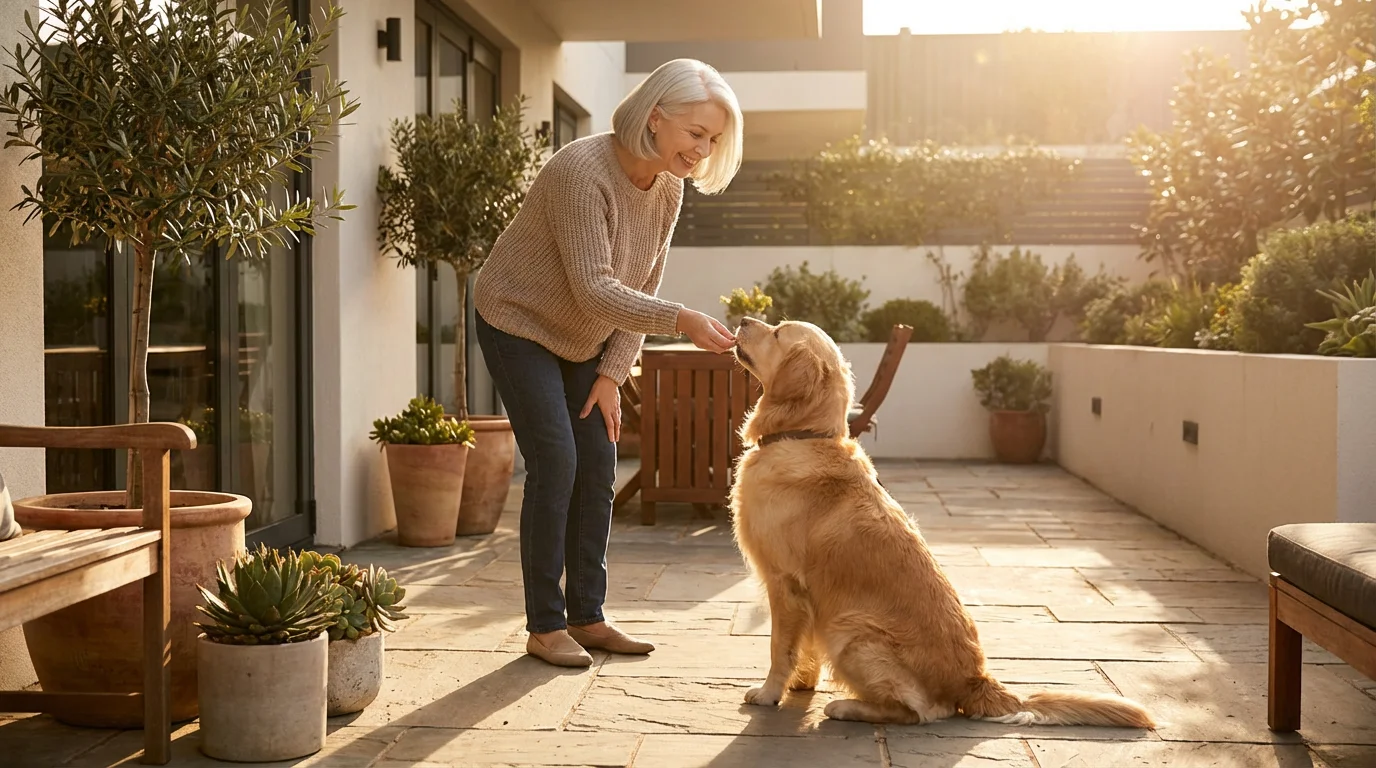 A senior woman gives a treat to her Golden Retriever on a sunny patio.