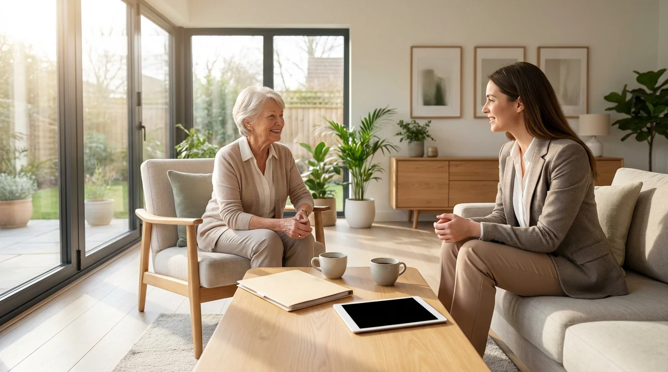 A senior woman having a productive conversation with a community staff member in a sunny room.