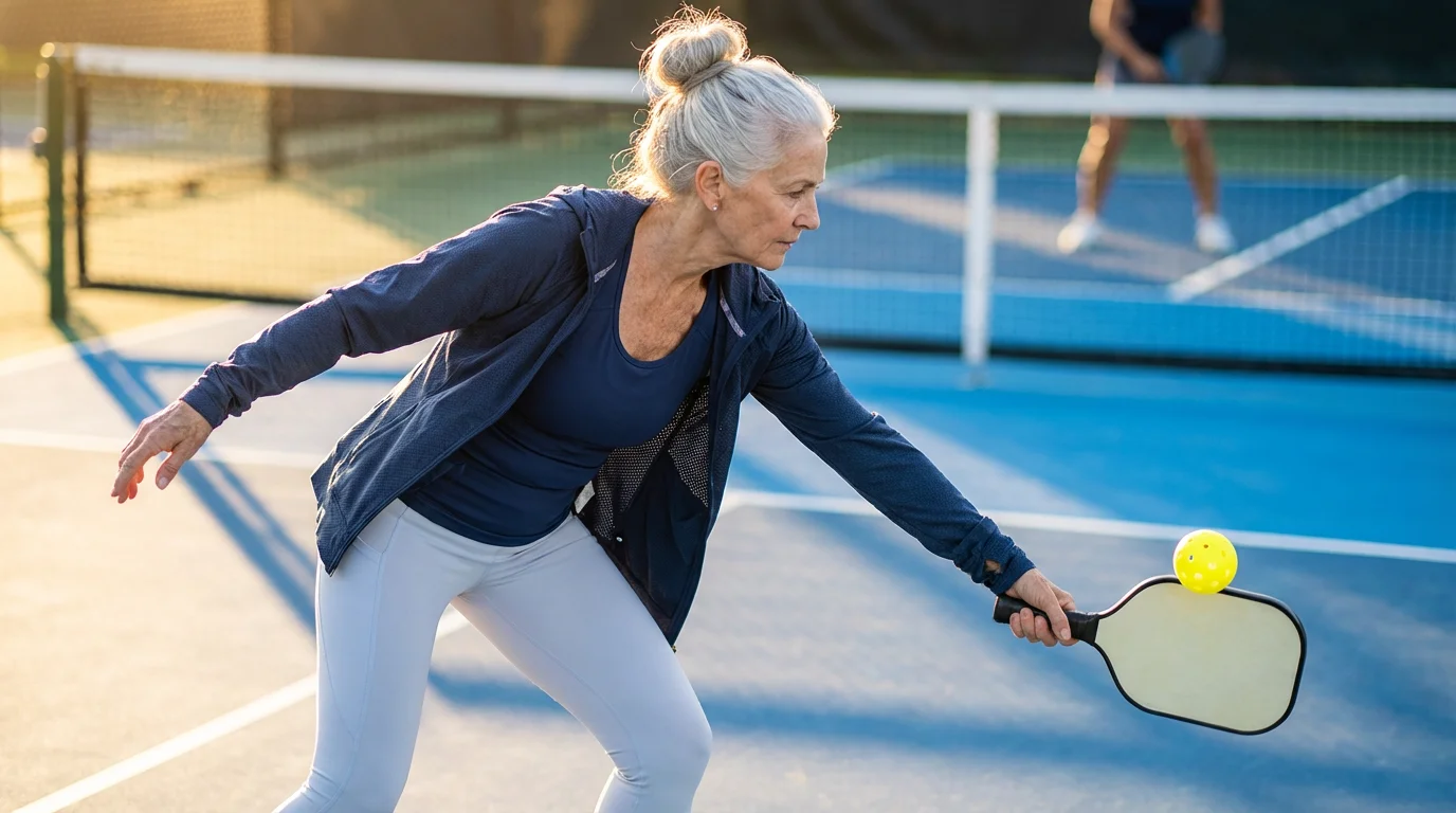 A senior woman in athletic wear serves a pickleball on a court at golden hour.