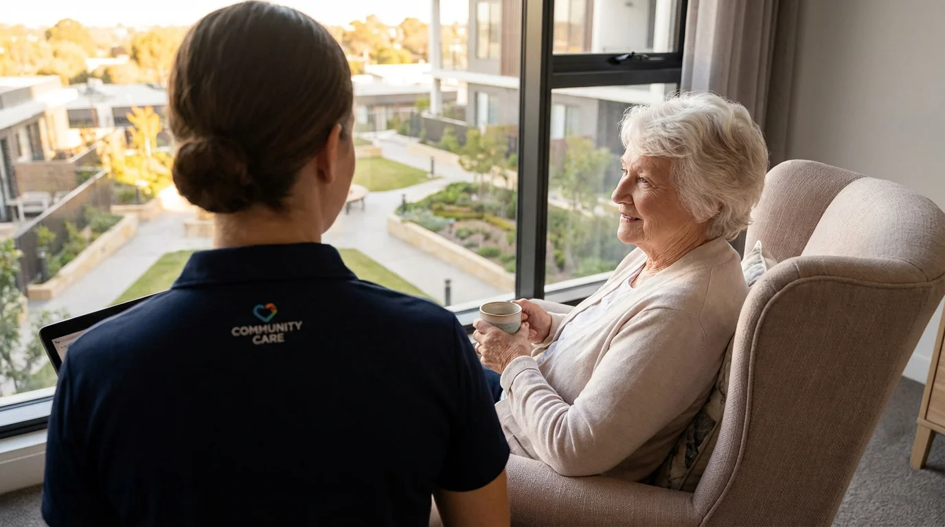 A senior woman peacefully enjoys the sunset from her apartment in a secure community.