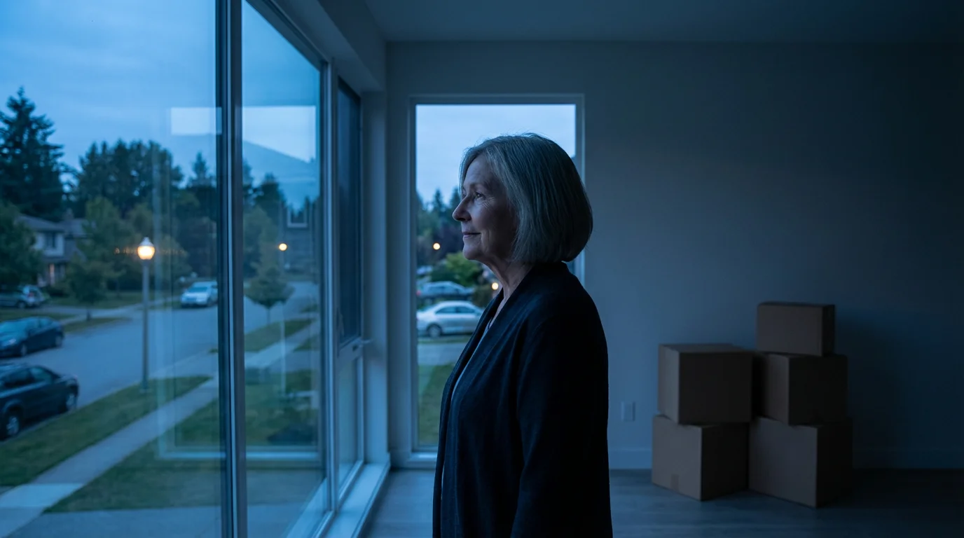 A senior woman peacefully looking out a window in a minimalist, empty room at dusk.