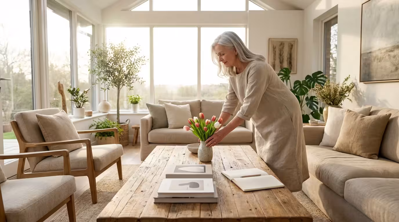 A senior woman sets up her bright, modern living room for a book club meeting.