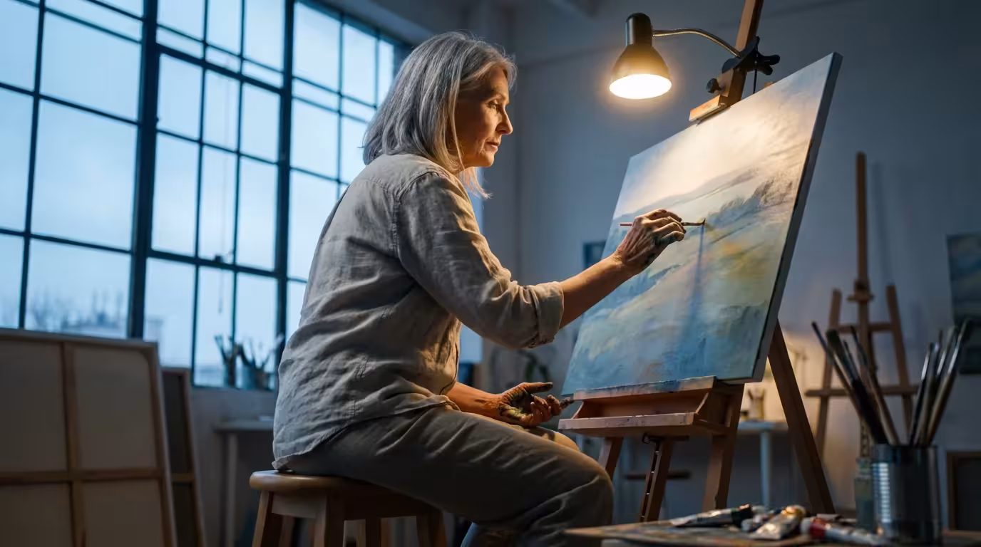 A senior woman sits alone, peacefully painting on a canvas in an art studio.
