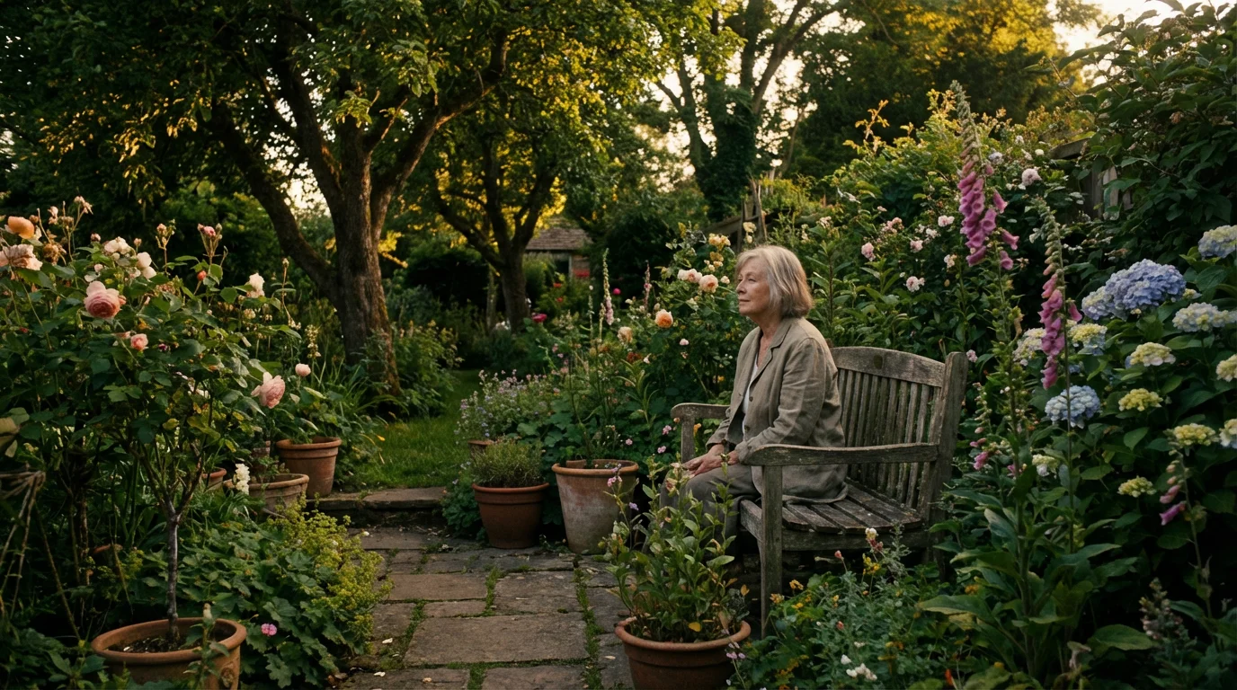A senior woman sits peacefully on a bench in her lush garden at sunset.