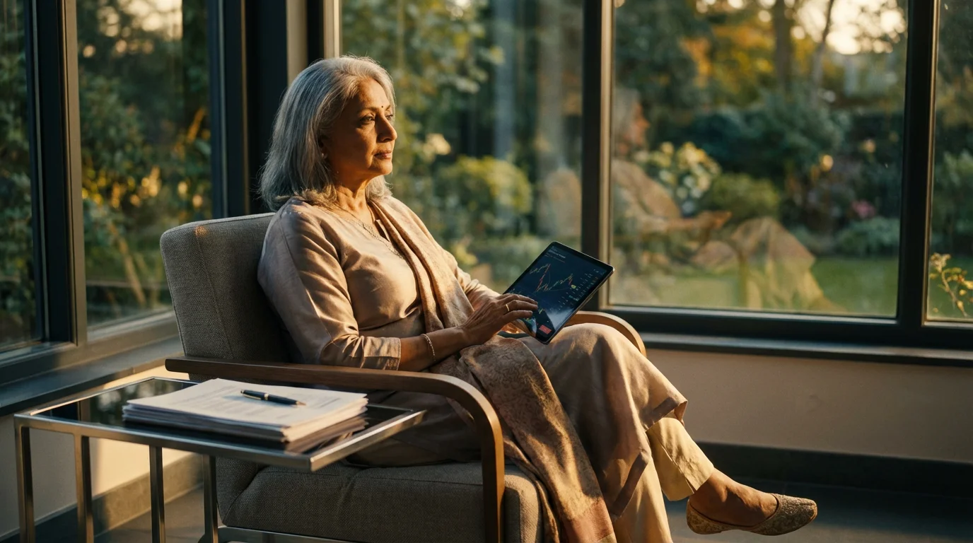 A senior woman sitting in a sunroom reviewing financial information on a tablet at sunset.