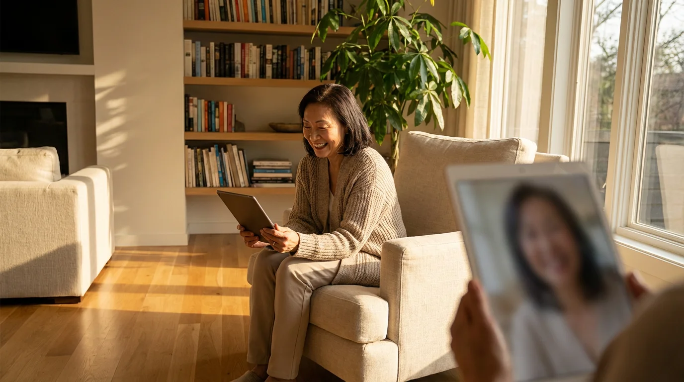 A senior woman smiling during a video call on a tablet in her sunlit living room.