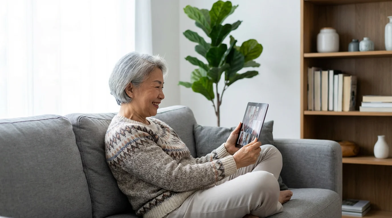 A senior woman smiling while using a tablet for a video call at home.