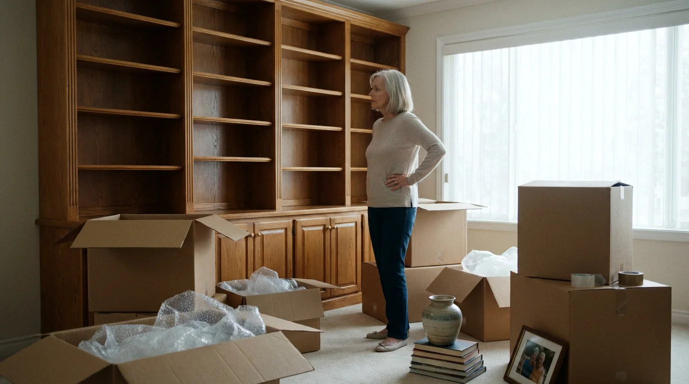 A senior woman stands in a living room with packing boxes, deciding what to keep.