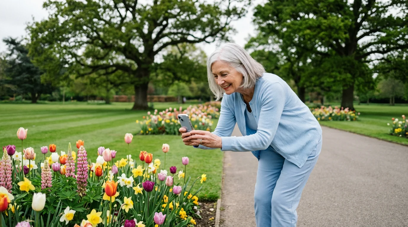 A senior woman taking a photograph of flowers in a park with her smartphone.
