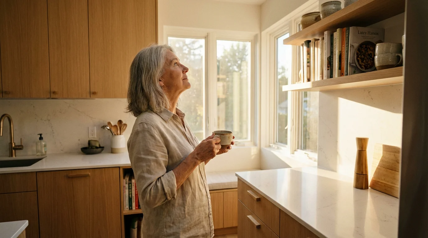 A senior woman thoughtfully placing a teacup in her new, modern, downsized kitchen.