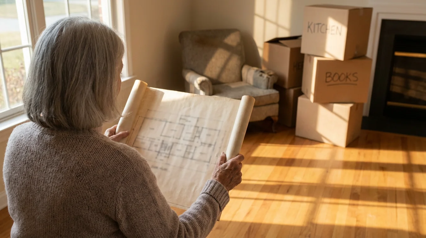 A senior woman viewed from over her shoulder holding a house floor plan.