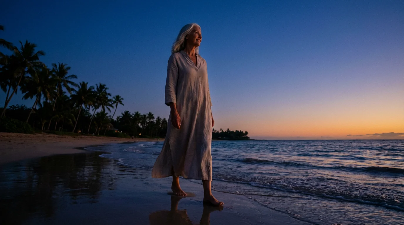 A senior woman walks barefoot on a tropical beach at twilight during blue hour.