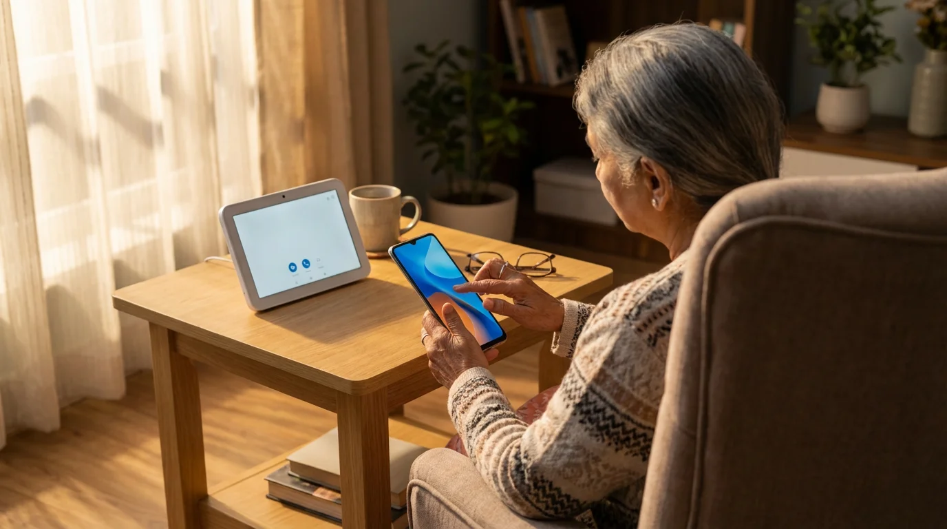 A senior woman's hands comparing a smartphone and a video portal device in afternoon light.