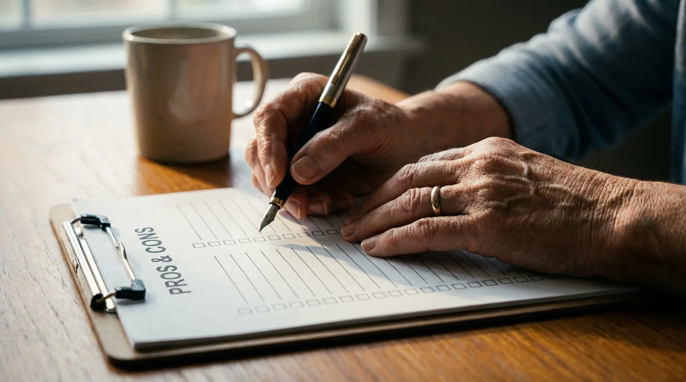 A senior woman's hands holding a pen over a pros and cons checklist on a clipboard.
