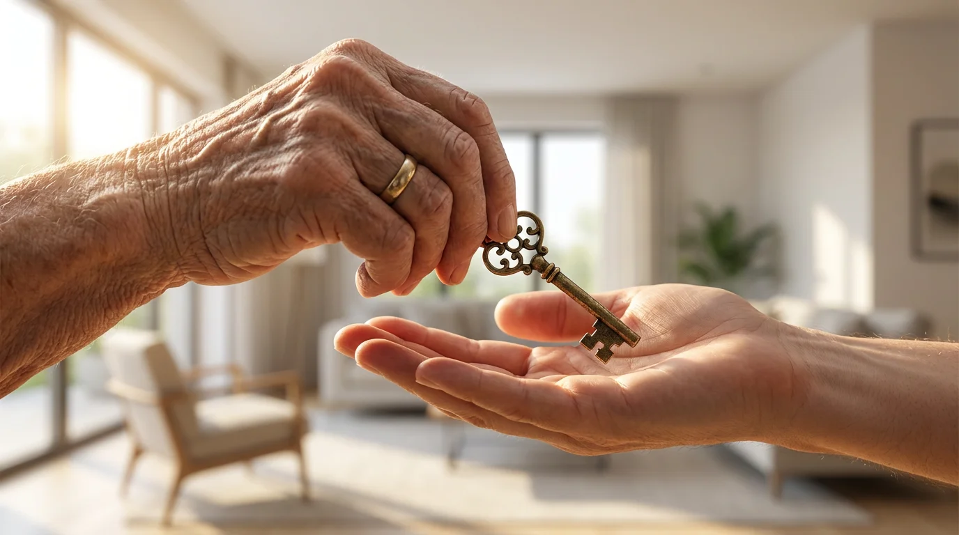 A senior's hand passes an ornate brass key to a younger person's hand.