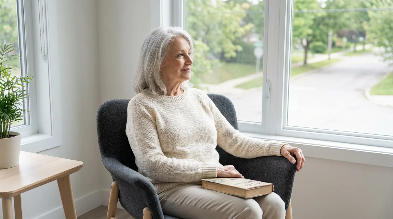 A serene senior woman enjoying a quiet moment by the window in her modern apartment.