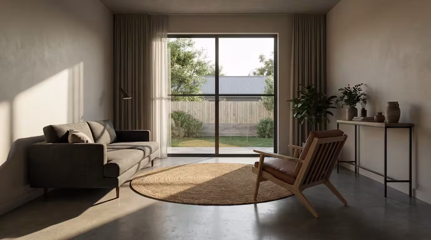 A small, modern living room with furniture arranged for optimal flow and pathways.
