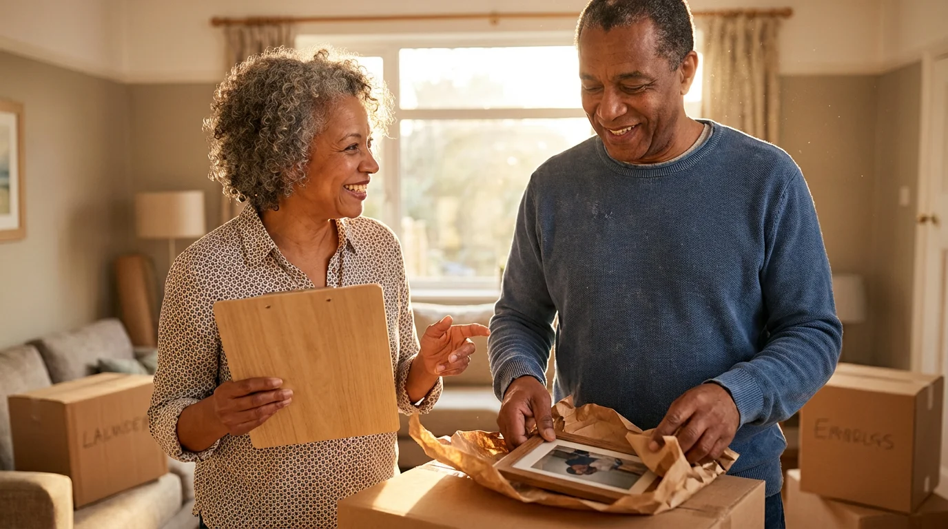 A smiling older couple packing boxes together in a sunlit room during golden hour.