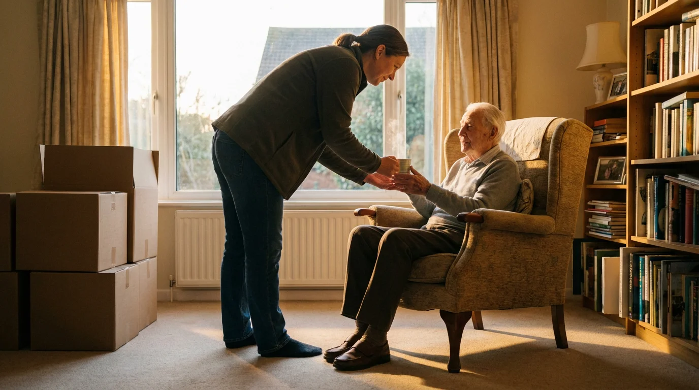 A supportive person offers a warm drink to an older individual in a room with moving boxes.