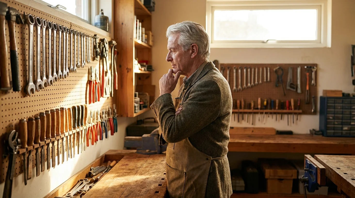 A thoughtful senior man in a home workshop considers his options by looking at tools.