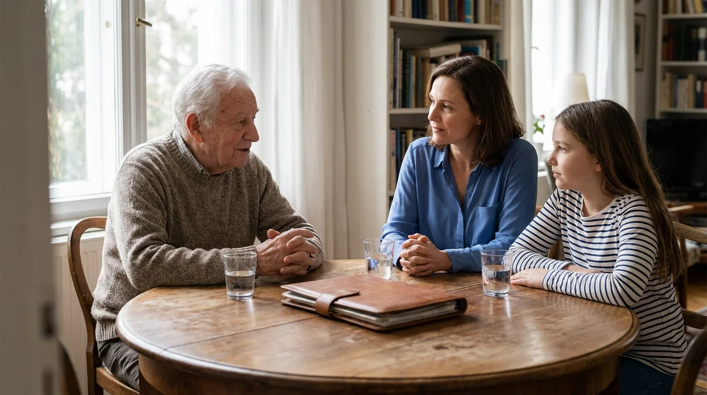 A three-generation family sits at a dining table, having an open and supportive conversation.