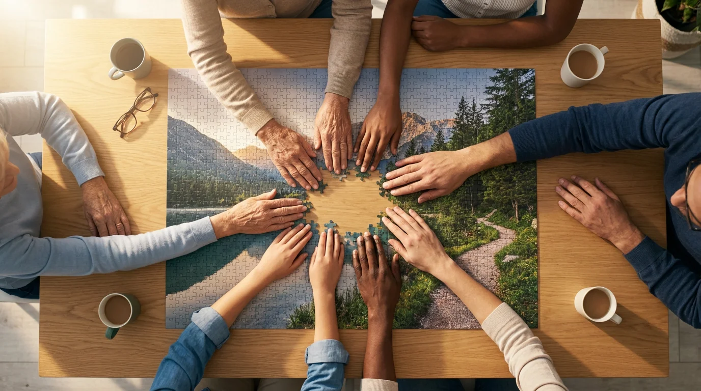 A top-down photograph of diverse hands completing a large landscape jigsaw puzzle together.