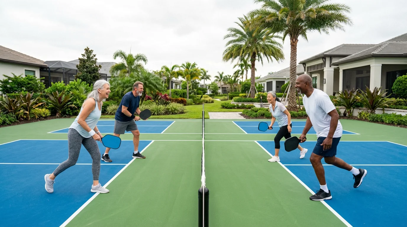 A wide environmental shot of four seniors playing pickleball at an active adult community.