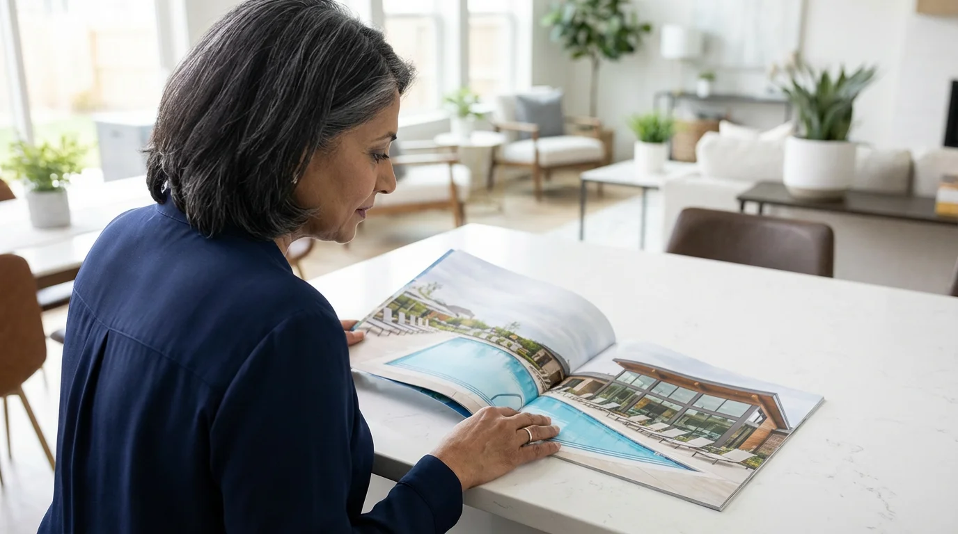 A woman in her late 50s reviews a brochure for a 55+ community.