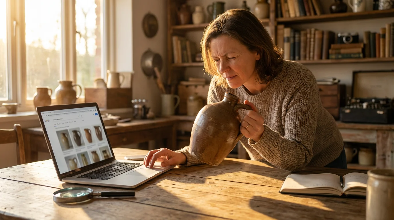 A woman researches an antique stoneware jug with her laptop in moody afternoon light.