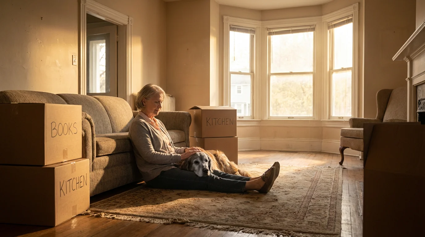 A woman sits on the floor with her dog amidst moving boxes during a warm sunset.
