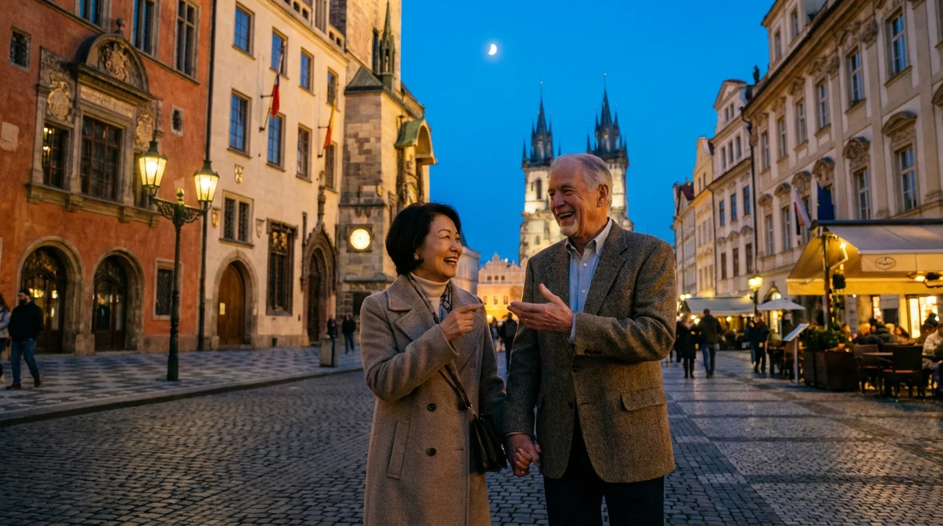 Active senior couple enjoying an evening walk in a historic European city square.