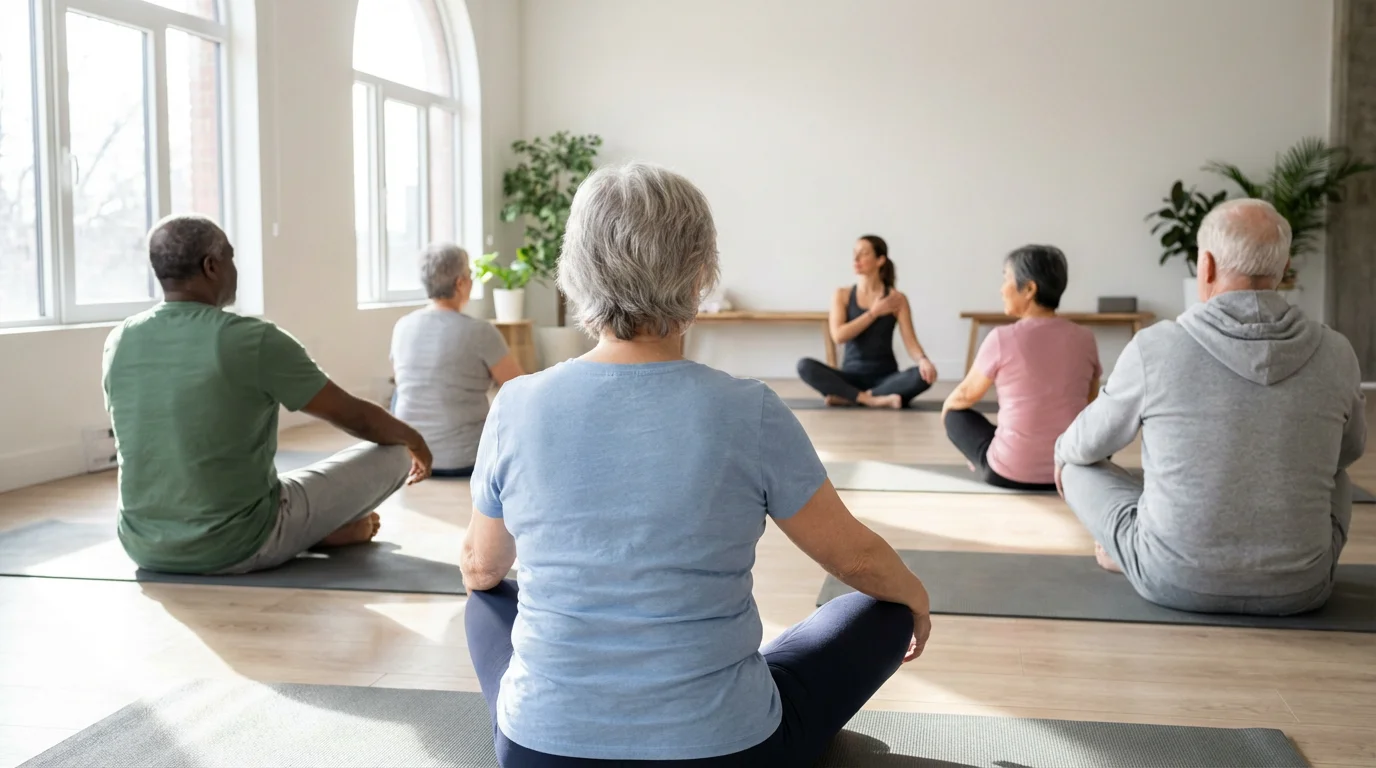 Active seniors participating in a group yoga class in a sunlit community center studio.