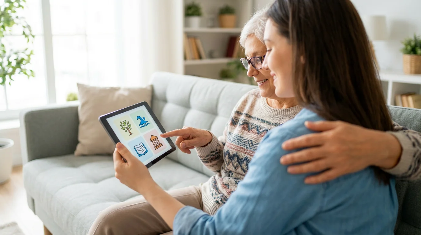 Adult daughter and senior mother research independent living communities together on a tablet.