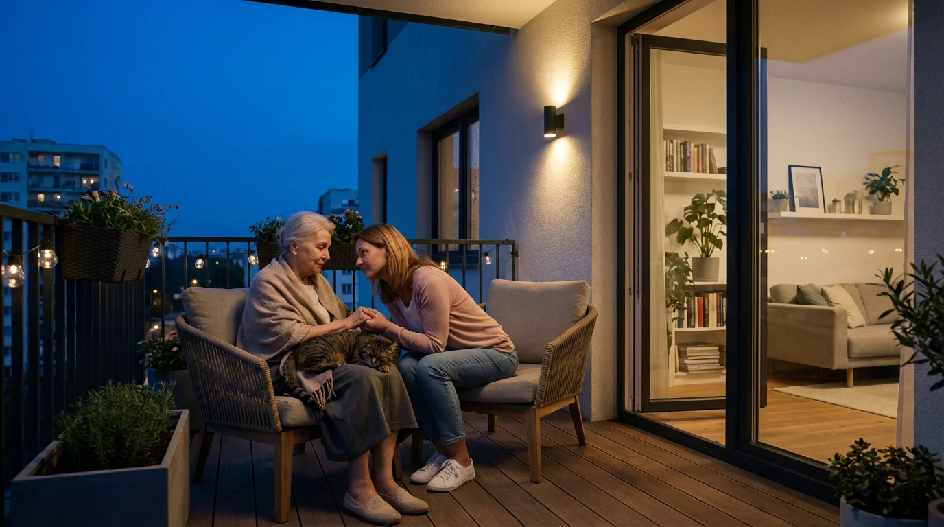 Adult daughter comforts elderly mother with a cat on an apartment balcony at dusk.