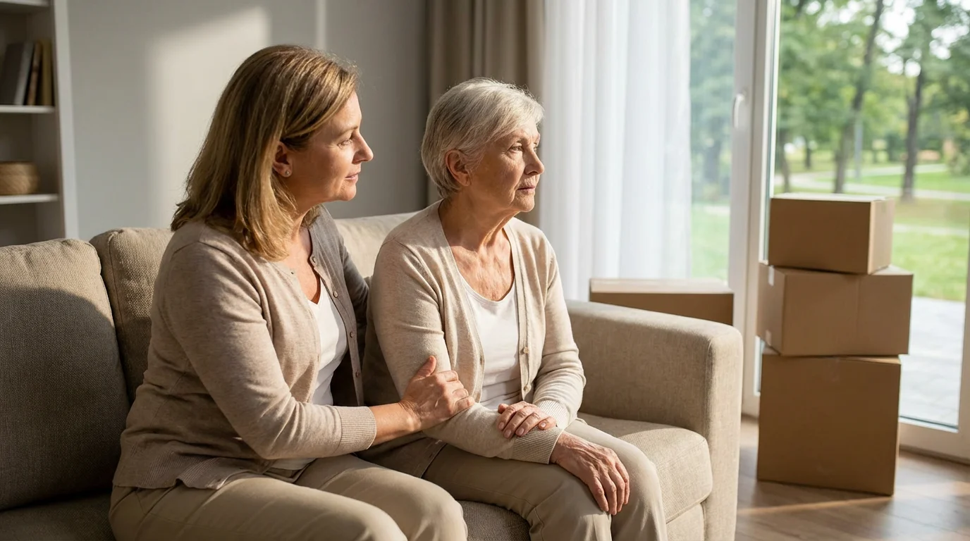 Adult daughter comforts her elderly mother in a new, sunlit senior housing apartment.