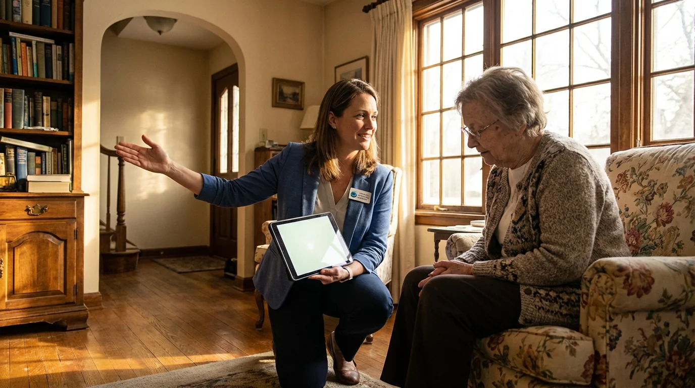An accessibility specialist consults with an older woman in her living room about home modifications.