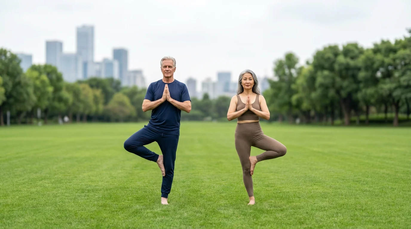 An active retired couple practicing yoga together on a large lawn in a city park.