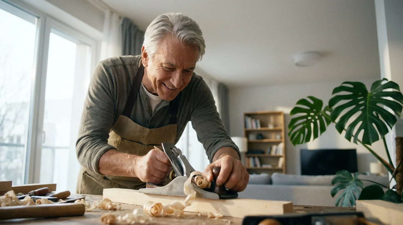 An active senior man enjoys a woodworking hobby in his bright, modern independent living apartment.