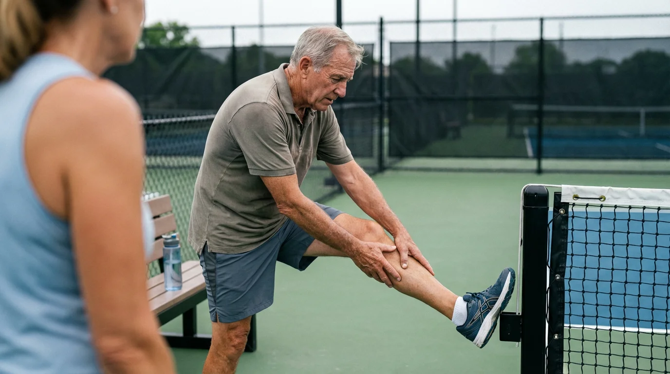 An active senior man in athletic wear stretches on an outdoor pickleball court.