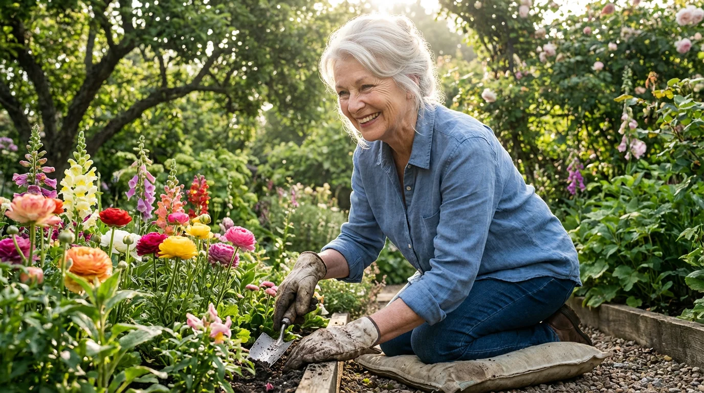 An active senior woman with silver hair smiling as she gardens in the morning.