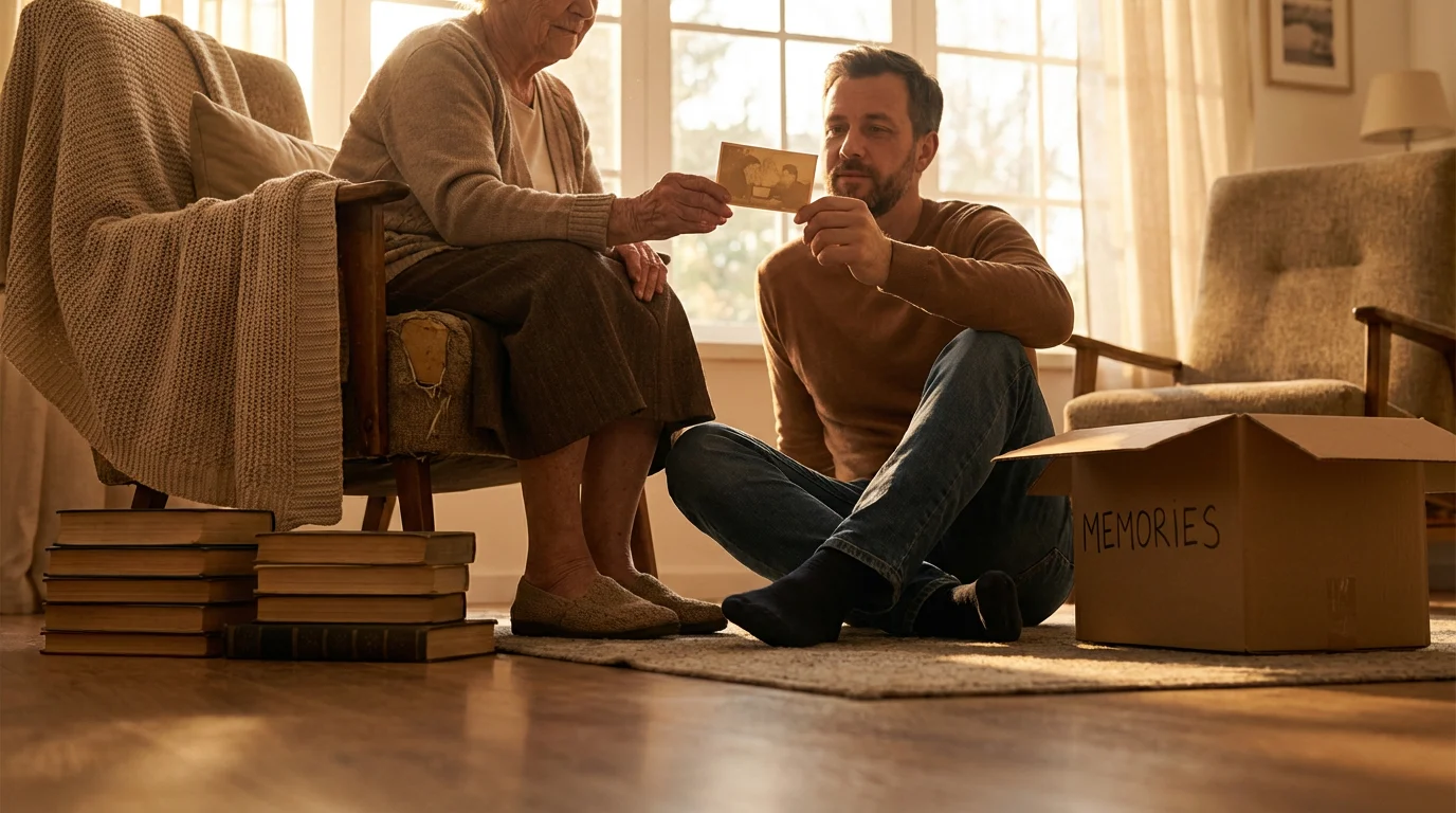An adult child and an elderly parent looking at old photographs while downsizing.