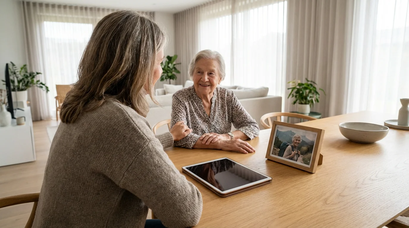 An adult daughter and elderly mother having a serious discussion at a dining table.