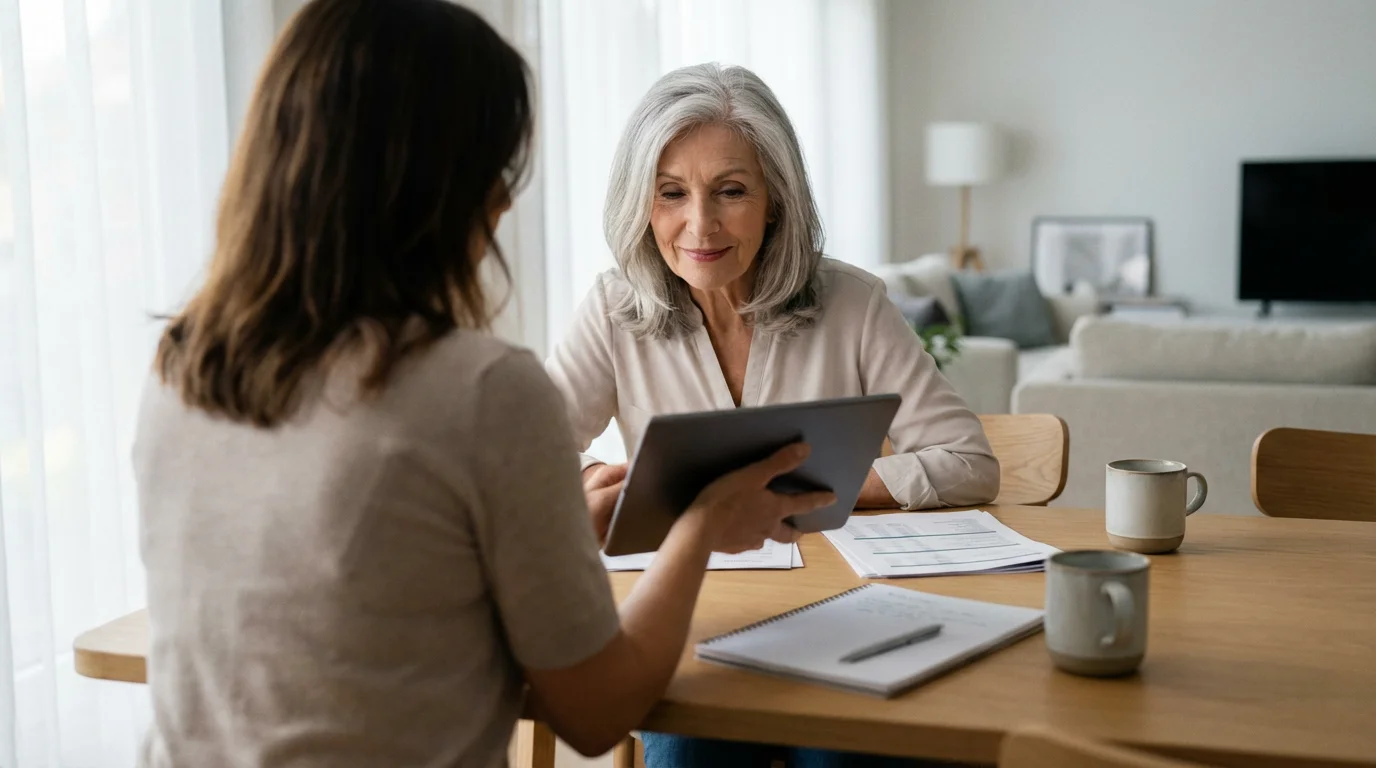 An adult daughter and senior mother sitting at a table researching senior housing options.