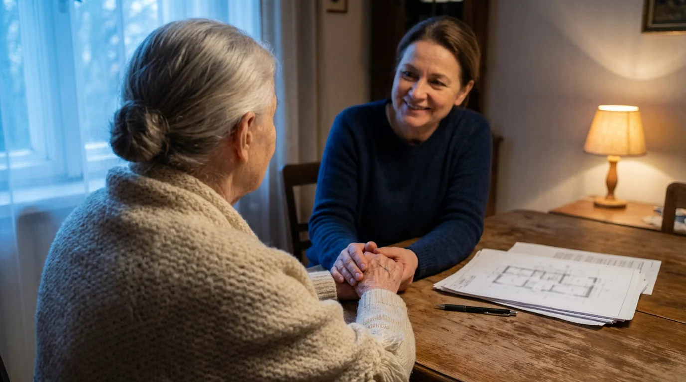 An adult daughter holds her elderly mother's hand across a table while discussing future plans.